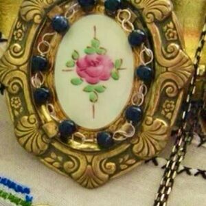 Vintage Brass Filigree Necklace Cabbage Rose